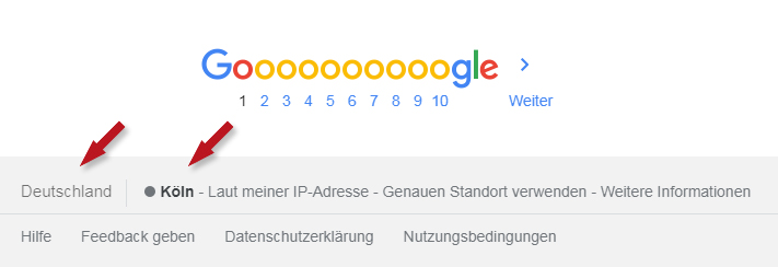 Пример переключения Google на регион Кёльн / Германия